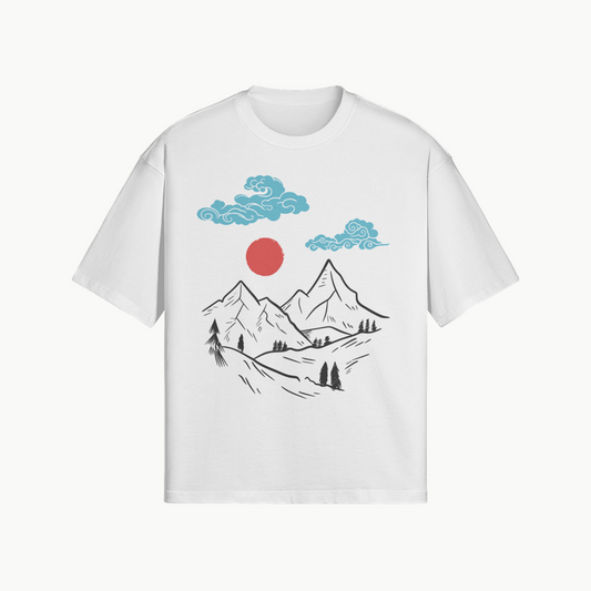 Mountain Sunrise Japanese T-Shirt Minimalist Nature Design White | Tengura Store
