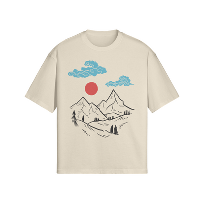 Mountain Sunrise Japanese T-Shirt Minimalist Nature Design Apricot | Tengura Store