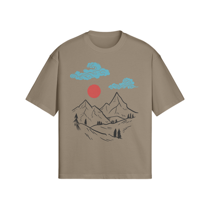 Mountain Sunrise Japanese T-Shirt Minimalist Nature Design Taupe | Tengura Store