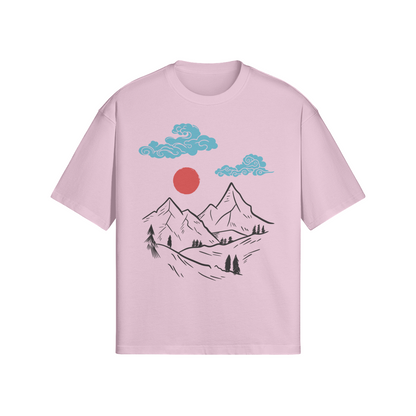 Mountain Sunrise Japanese T-Shirt Minimalist Nature Design Pink | Tengura Store
