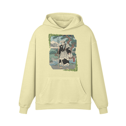 Zen Pilgrim Hoodie Japanese Ukiyo-e Print Yellow | Tengura Store