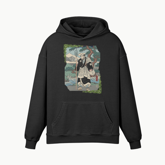 Zen Pilgrim Hoodie Japanese Ukiyo-e Print Faded Black | Tengura Store
