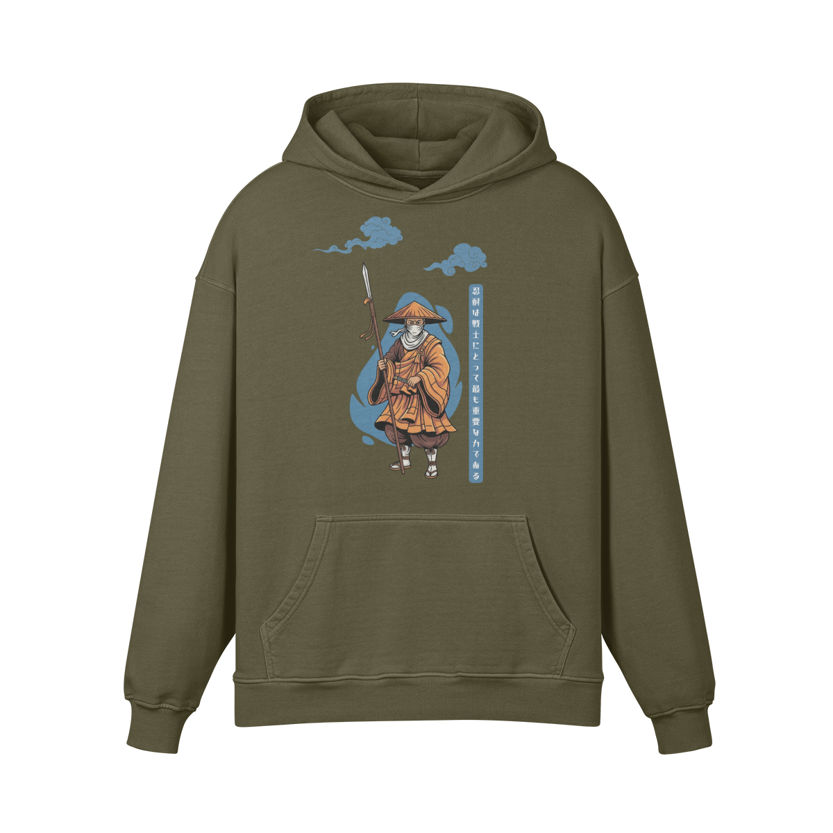 Wandering Monk Hoodie Traditional Ukiyo-e Style Olive Green | Tengura Store