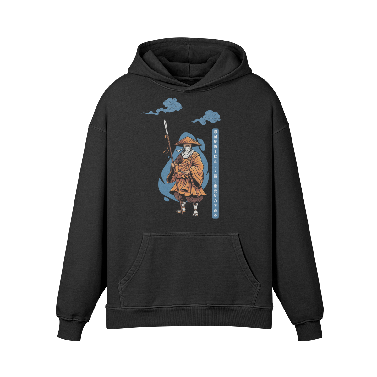 Hoodie Wandering Monk Estilo Tradicional Ukiyo-e Preto Desbotado | Tengura Store
