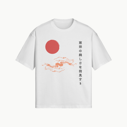 Rising Sun Graphic T-Shirt Minimalist Kanji Design White | Tengura Store