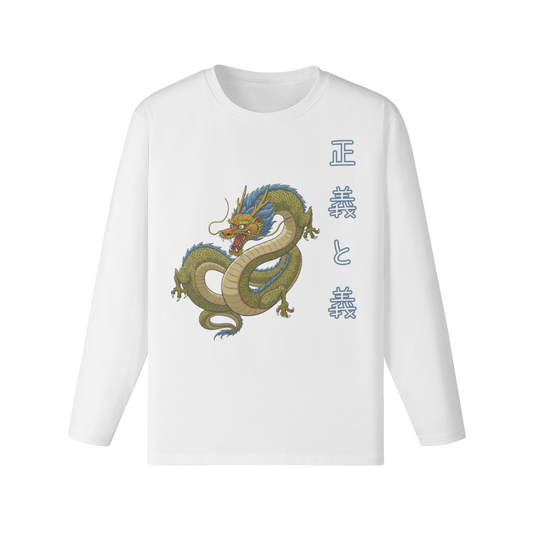 Dragon Long Sleeve T-Shirt Blue Kanji Print White | Tengura Store