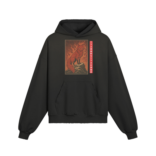Japanese Hoodie Mythical Kitsune Fire Black | Tengura Store