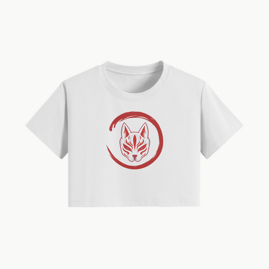 Japanese Kitsune Crop Top Red Fox Mask Circle Print White | Tengura Store