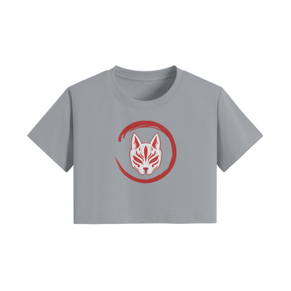 Japanese Kitsune Crop Top Red Fox Mask Circle Print Light Gray | Tengura Store