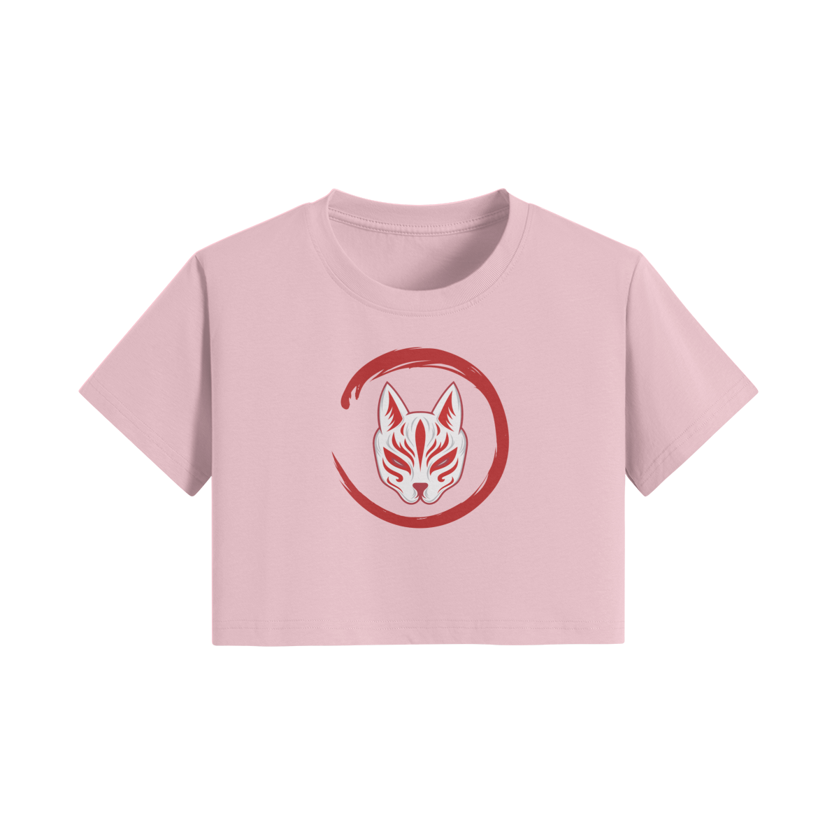 Japanese Kitsune Crop Top Red Fox Mask Circle Print Pink | Tengura Store