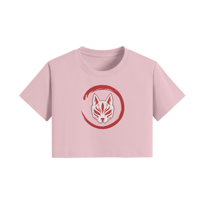 Japanese Kitsune Crop Top Red Fox Mask Circle Print Pink | Tengura Store