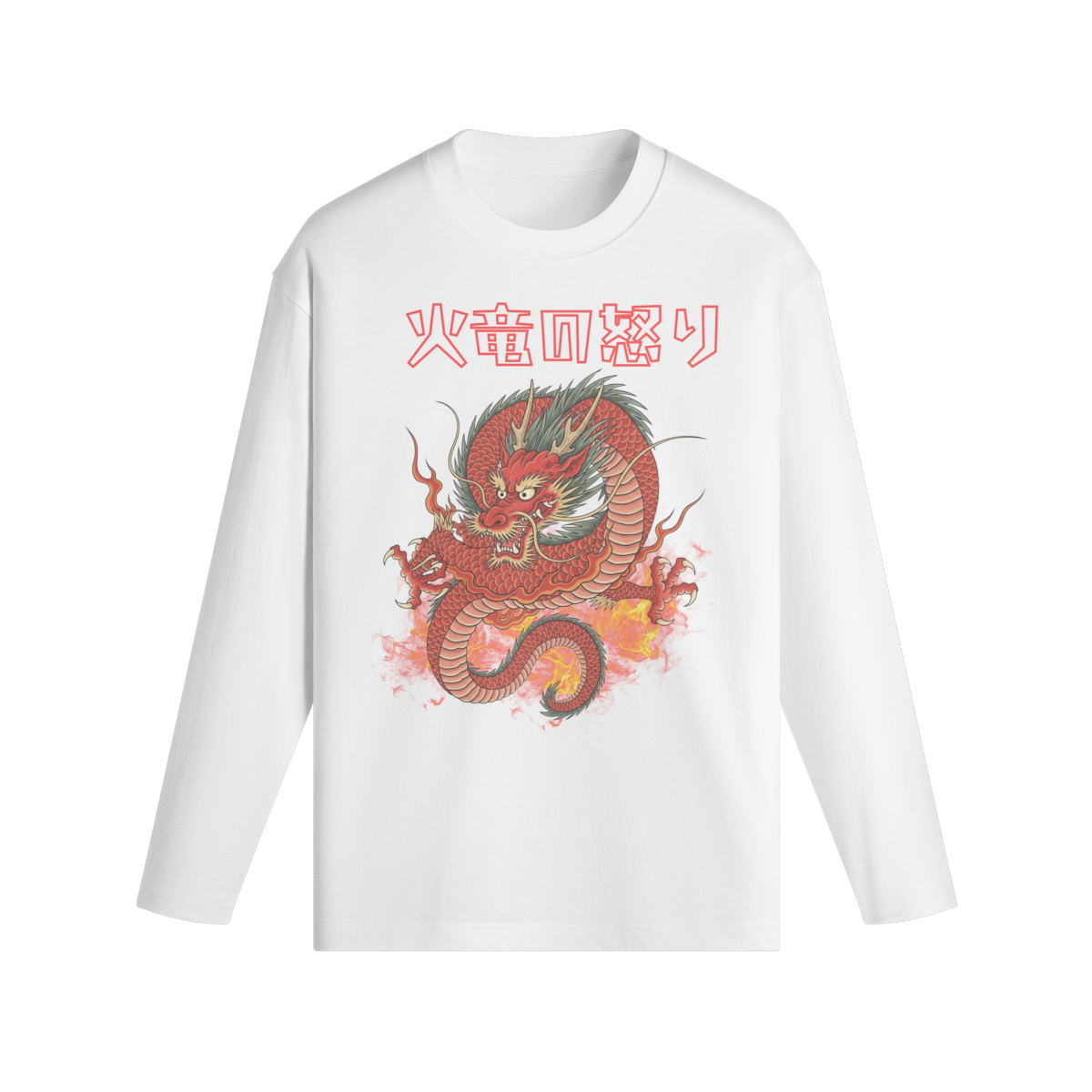 Japanese Red Dragon Long Sleeve T-Shirt Fire & Kanji Print White | Tengura Store
