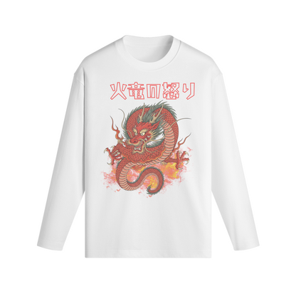 Japanese Red Dragon Long Sleeve T-Shirt Fire & Kanji Print White | Tengura Store
