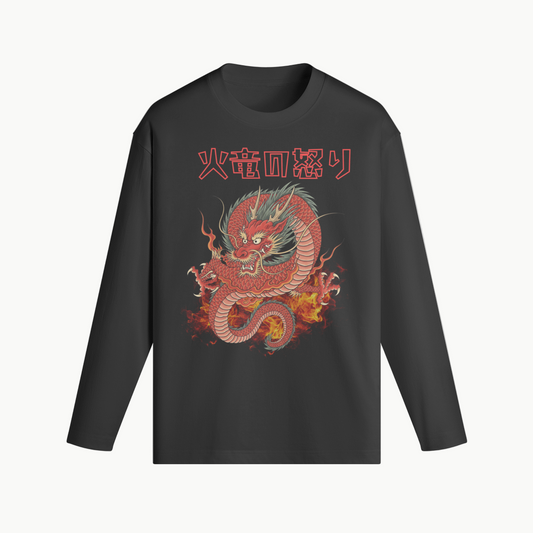 Japanese Red Dragon Long Sleeve T-Shirt Fire & Kanji Print Black | Tengura Store