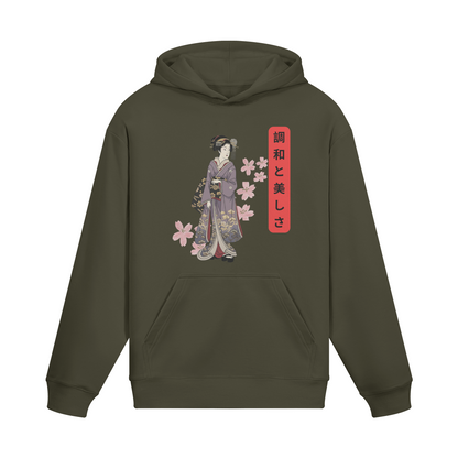 Japanese Geisha Hoodie - Kimono & Sakura Blossom Print Charcoal Grey | Tengura Store