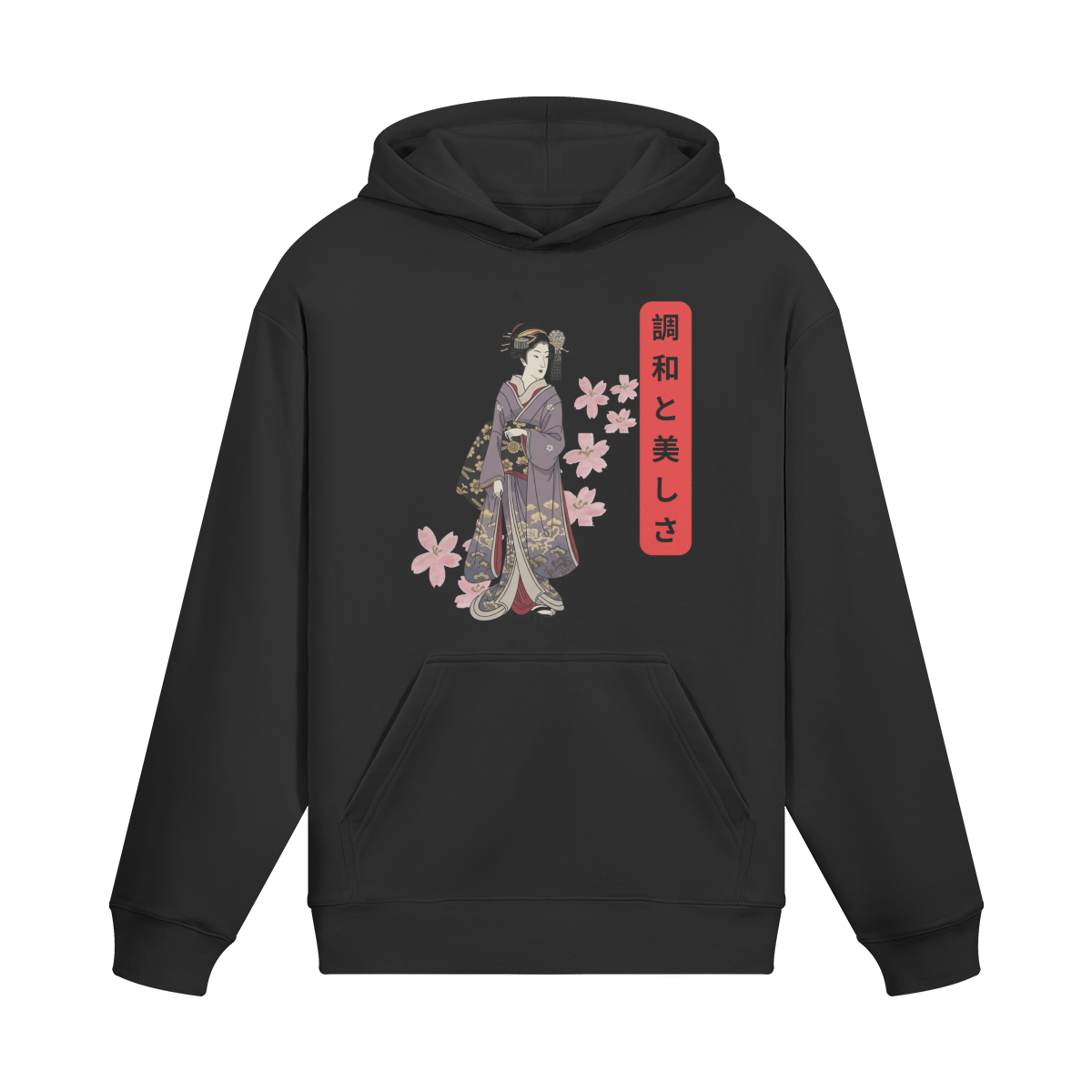 Japanese Geisha Hoodie - Kimono & Sakura Blossom Print Black | Tengura Store