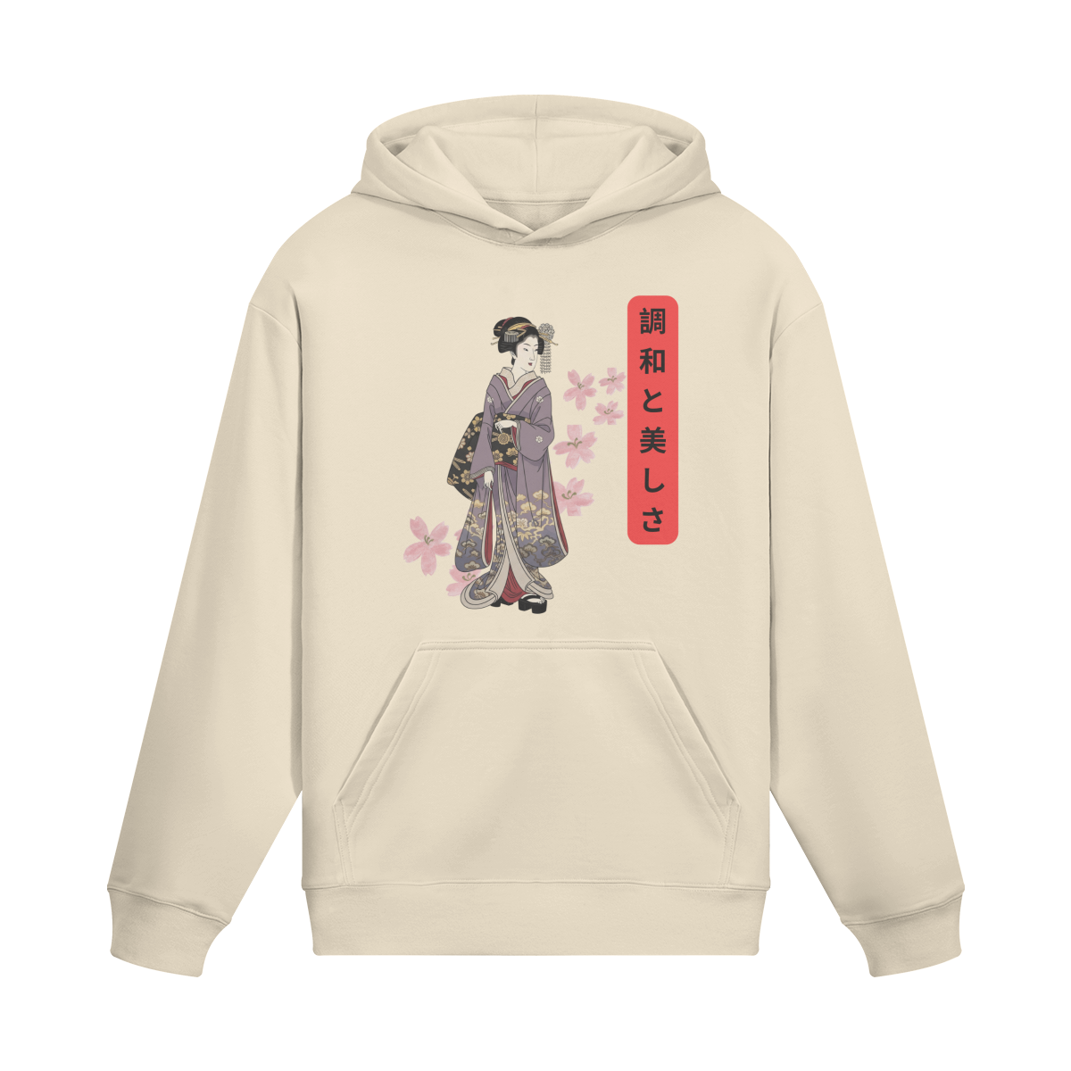 Japanese Geisha Hoodie - Kimono & Sakura Blossom Print Beige | Tengura Store