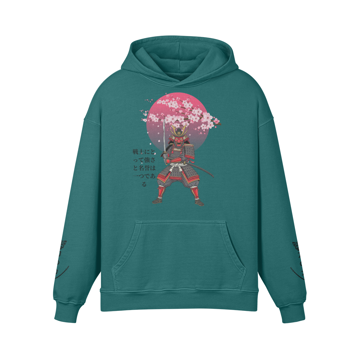 Samurai Warrior Hoodie - Cherry Blossom & Rising Sun Design Dark Green | Tengura Store