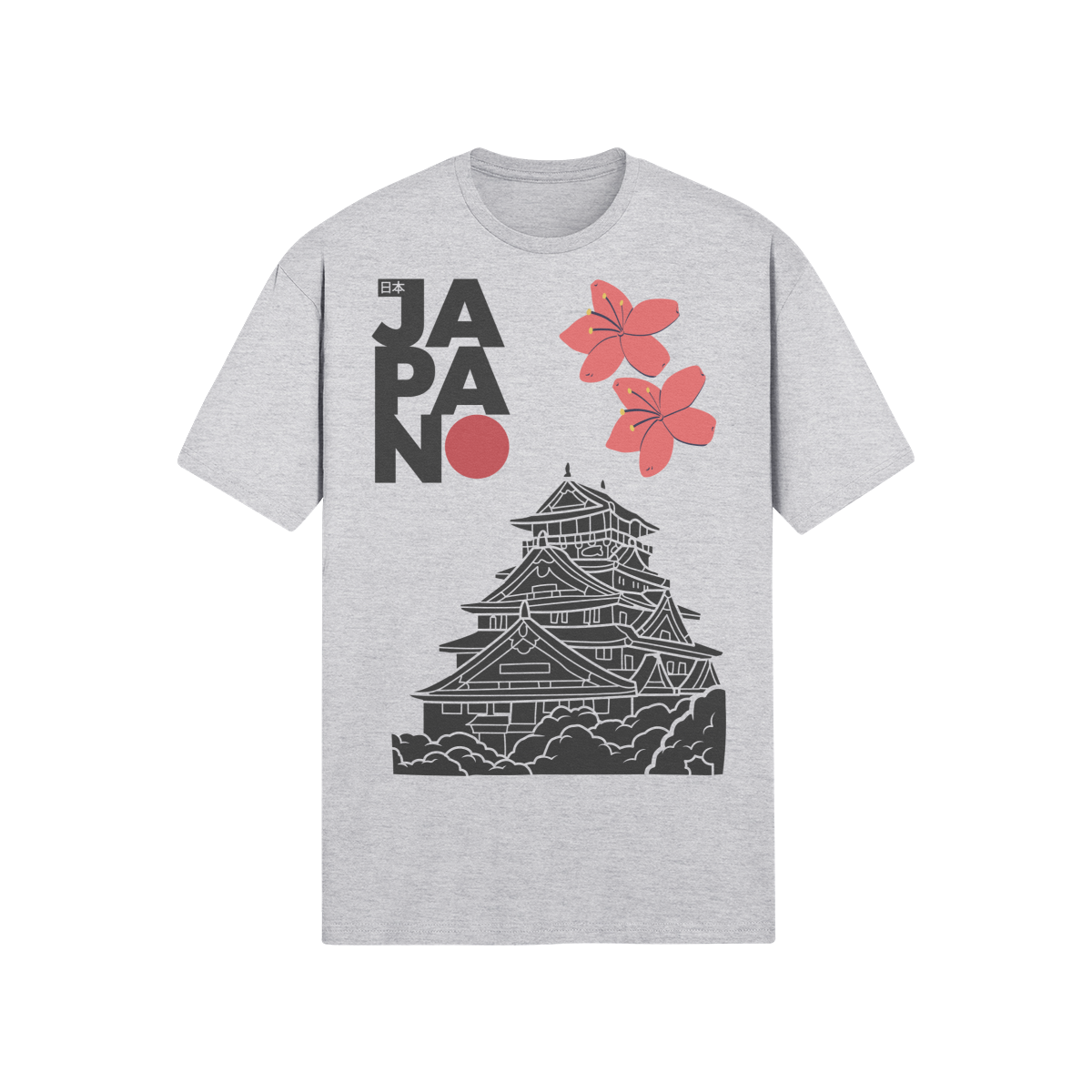 Japanese Castle Graphic T-Shirt - Sakura Flower Print Heather White | Tengura Store