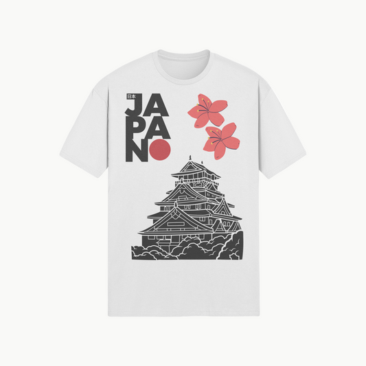 Japanese Castle Graphic T-Shirt - Sakura Flower Print White | Tengura Store