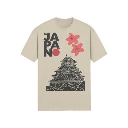 Japanese Castle Graphic T-Shirt - Sakura Flower Print Beige | Tengura Store