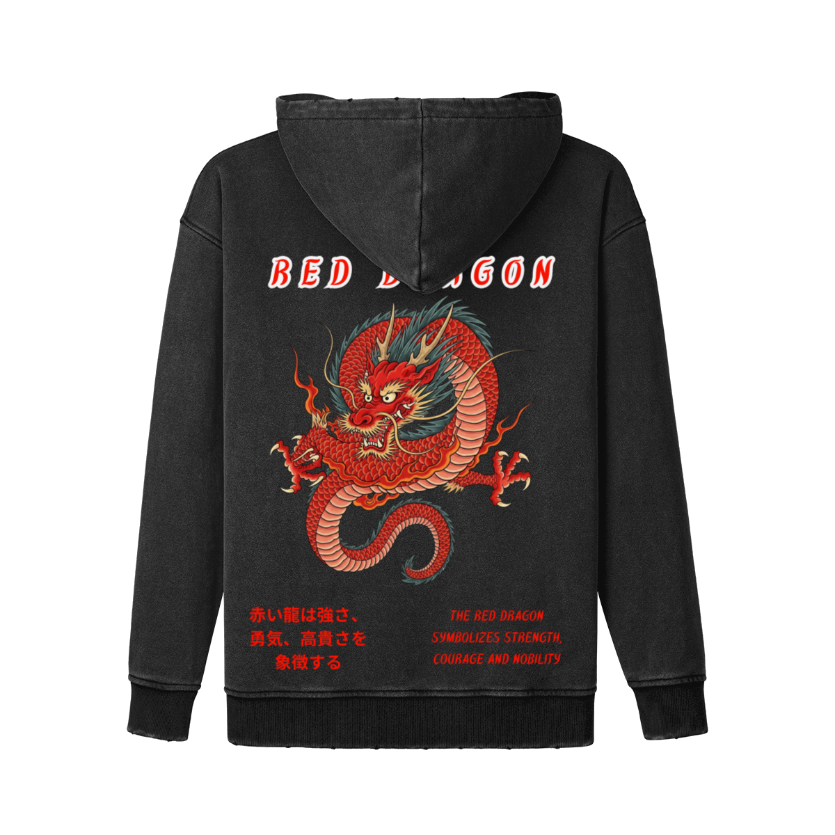 Japanese Red Dragon Streetwear Hoodie - Katana & Kanji Print | Tengura Store