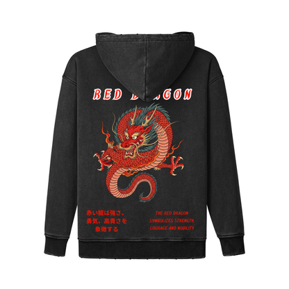 Japanese Red Dragon Streetwear Hoodie - Katana & Kanji Print | Tengura Store