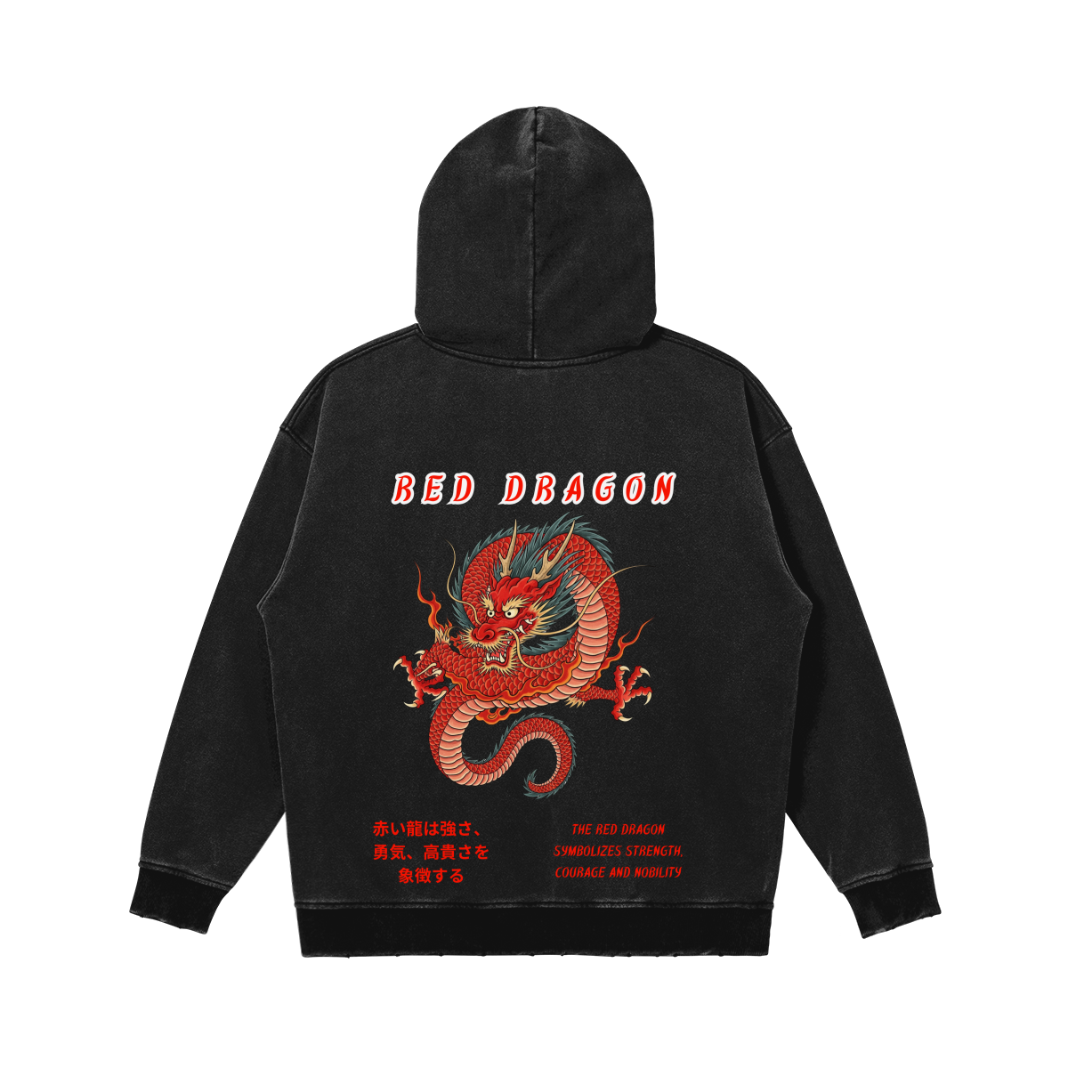 Japanese Red Dragon Streetwear Hoodie - Katana & Kanji Print | Tengura Store
