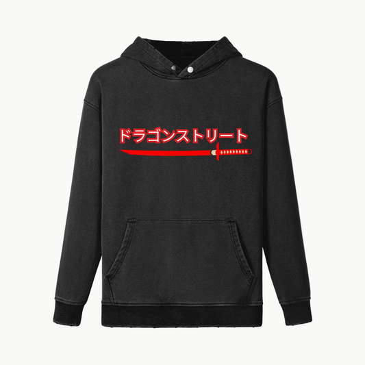 Japanese Red Dragon Streetwear Hoodie - Katana & Kanji Print | Tengura Store