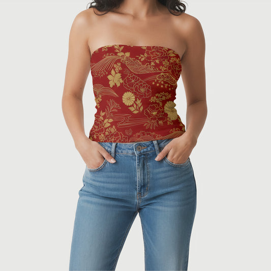 Top Rosso Senza Spalline con Design Floreale Giapponese Dorato